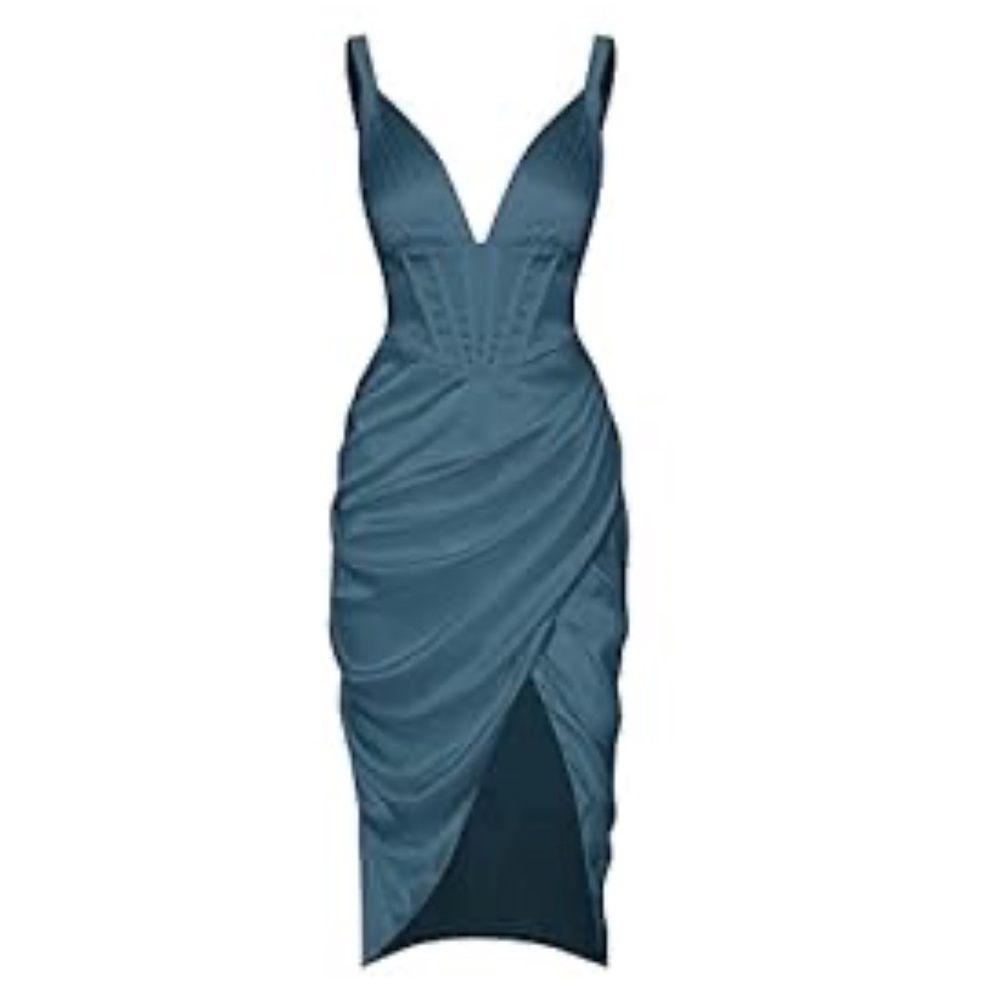 ZAFUL Women's Silky Pleated Draped Bustier Corset-Style Deep V Neck Midi Dress